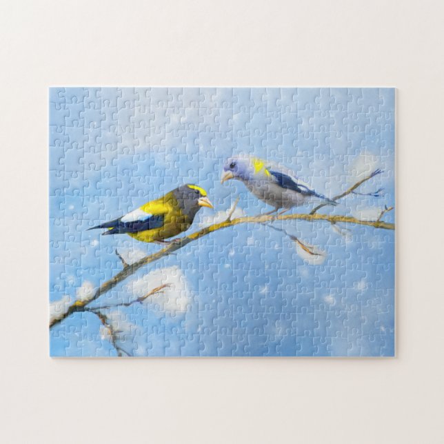 Evening Grosbeak-målning - Söt Original Hundkonst Pussel (Horisontell)