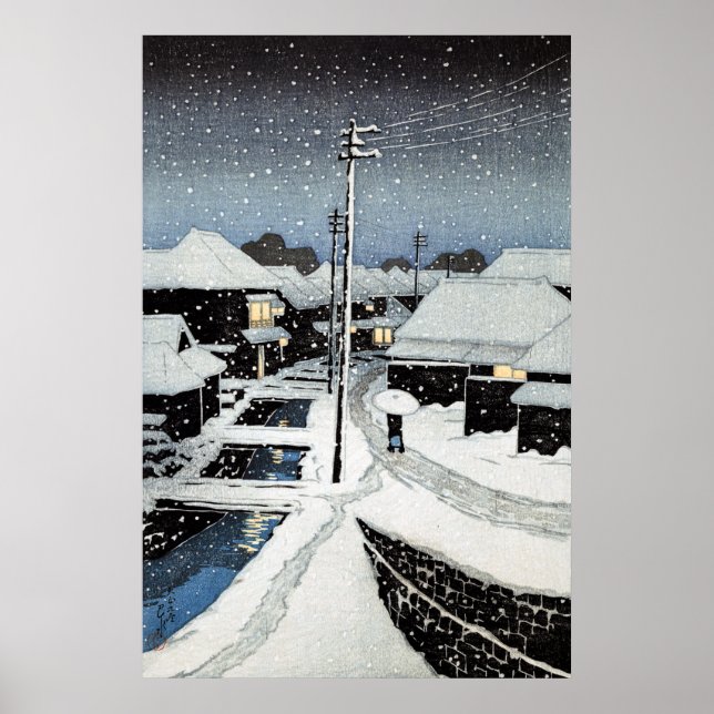 Evening Snö vid byn Terajima Hasui Kawase Poster (Framsidan)