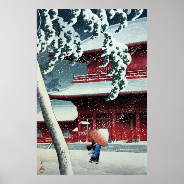 Evening Snö vid Edo River Hasui Kawase Poster (Framsidan)
