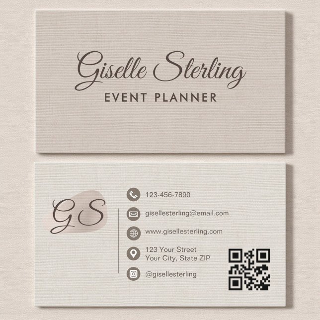 Event Planner Beige Linen Modern Elegant QR Code Visitkort (Skapare uppladdad)