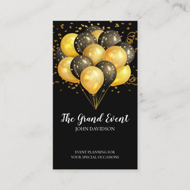 Event Planner Modern Guld Black Balloons Glitter Visitkort (Framsida)