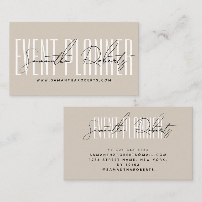 Event planner modern typography script beige visitkort (Fram/baksida)