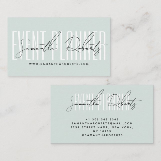 Event planner modern typography script blue visitkort (Fram/baksida)