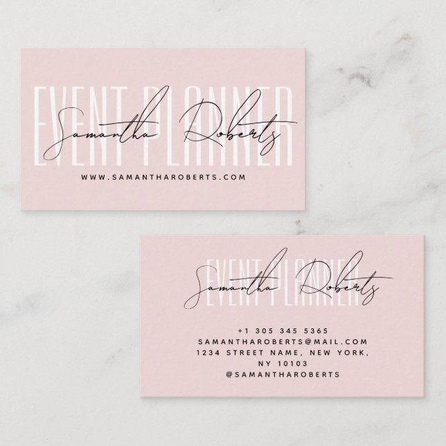 Event planner modern typography script blush pink visitkort (Fram/baksida)