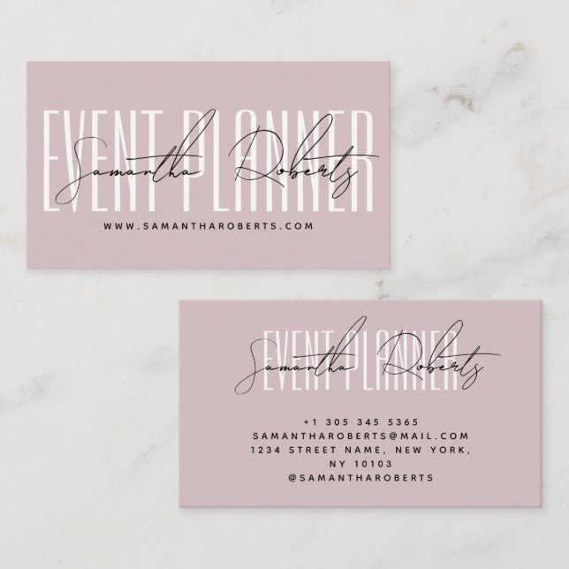 Event planner modern typography script dusty pink visitkort (Fram/baksida)