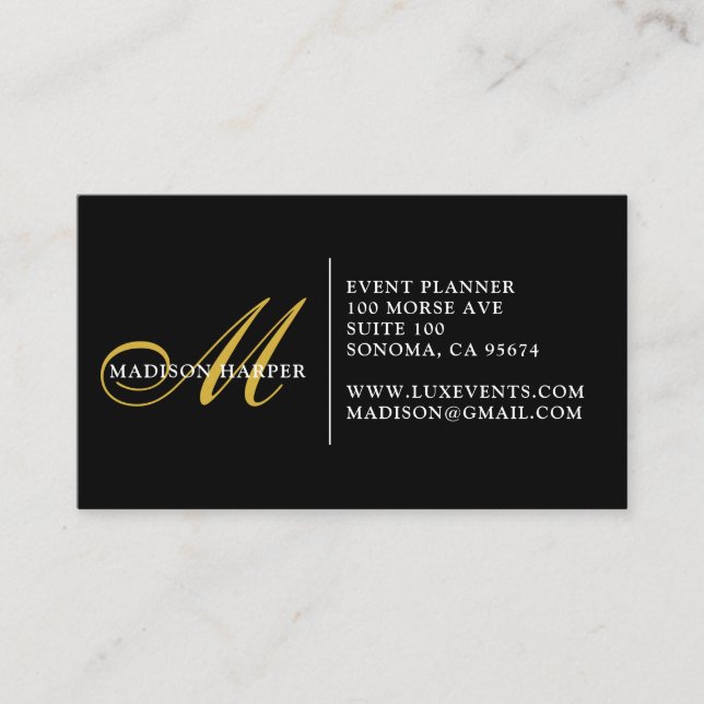Event Planner Monogram Guld Black Script Namn Visitkort (Framsida)