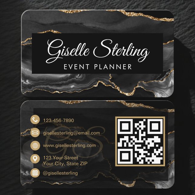 Event Planner QR Code Black Gold Visitkort (Skapare uppladdad)