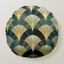 Eventails Art Déco - Or sur Émeraude Rund Kudde