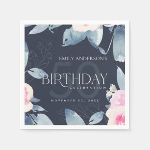 EVENTUELL ÅLDER NAVY SOFT BLUE BLOMMIGT 50 BIRTHD PAPPERSSERVETT