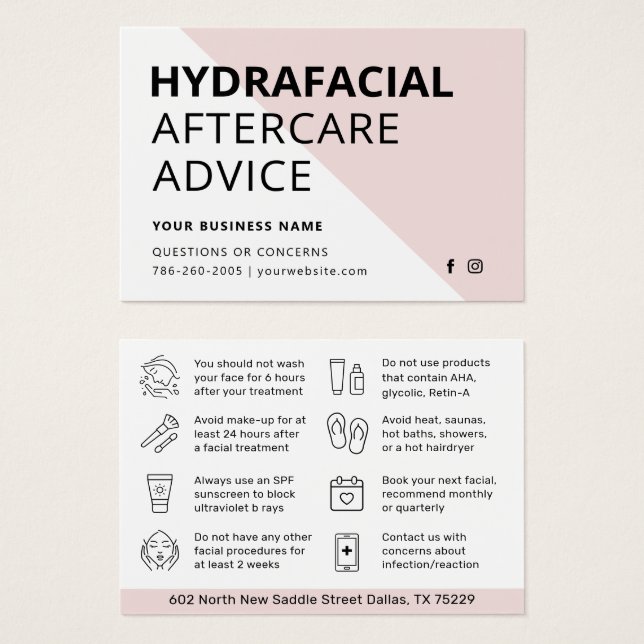 Eventuellt Färg HydraFace Aftercare Instruktionsko Visitkort (Framsida & baksida)