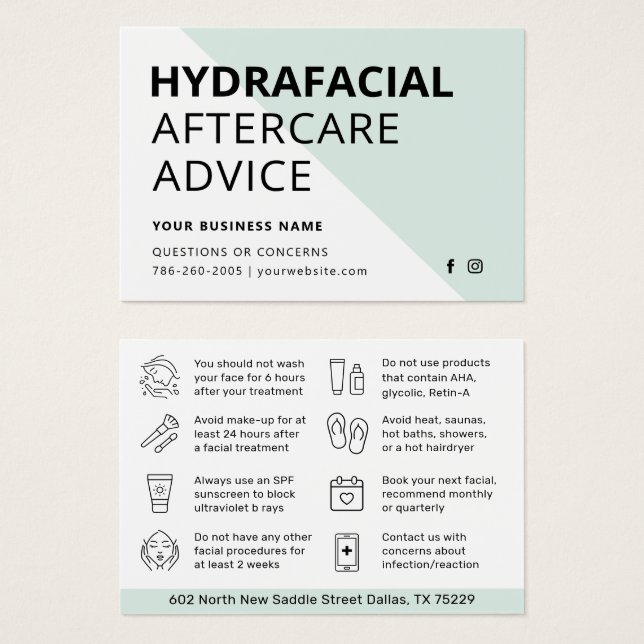 Eventuellt Färg HydraFace Aftercare Instruktionsko Visitkort (Framsida & baksida)