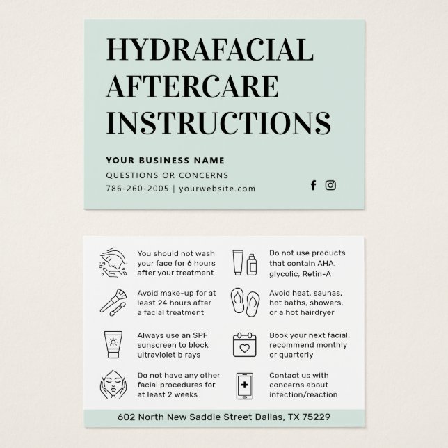 Eventuellt Färg HydraFace Aftercare Instruktionsko Visitkort (Framsida & baksida)