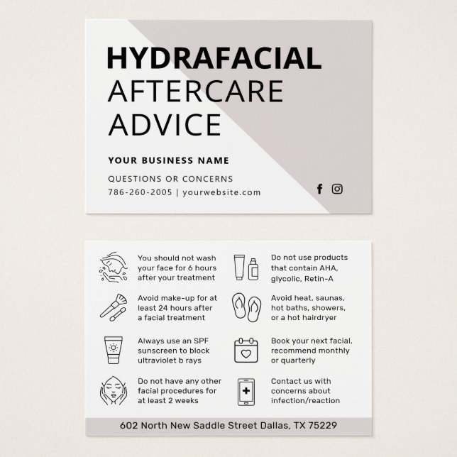 Eventuellt Färg HydraFace Aftercare Instruktionsko Visitkort (Framsida & baksida)