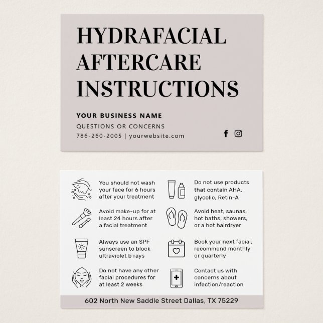 Eventuellt Färg HydraFace Aftercare-kort Visitkort (Framsida & baksida)