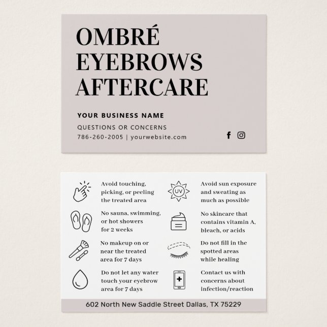 Eventuellt Färg Ombre Powder Brows Aftercare Adres Visitkort (Framsida & baksida)