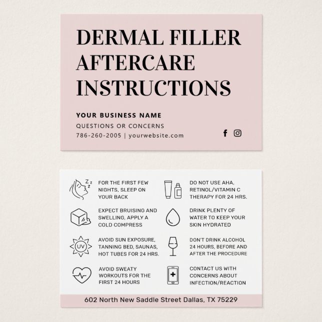 Eventuellt Färg Rosa Dermal Filler Aftercare Adapt Visitkort (Framsida & baksida)