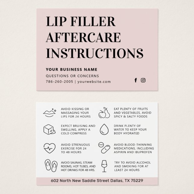 Eventuellt Färg Rosa Lip Filler Botox-efterbehandl Visitkort (Framsida & baksida)