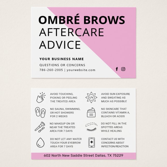 Eventuellt Färg Rosa Ombre Powder Brows Eftervårds Visitkort (Framsida & baksida)