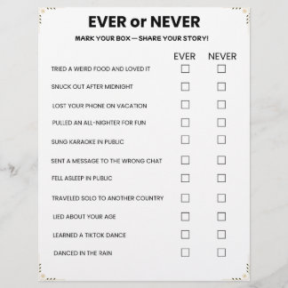 Ever or Never Game – Printable Icebreaker Brevhuvud
