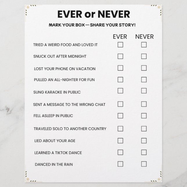 Ever or Never Game – Printable Icebreaker Brevhuvud (Framsida)