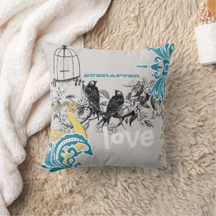 Everafter Bride Teal Gult Grått Peacock Birdcage Kudde