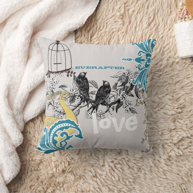 Everafter Bride Teal Gult Grått Peacock Birdcage Kudde (Filt)