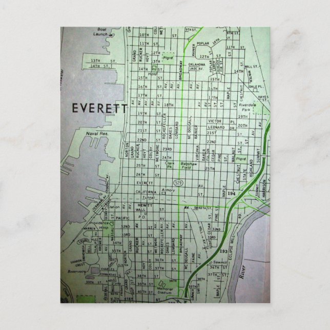 Everett, WA Vintage Karta Vykort (Framsida)
