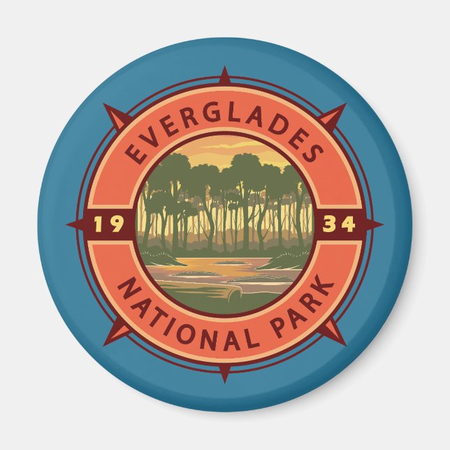 Everglades nationalpark Sunset Retro Compass Magnet (Framsidan)