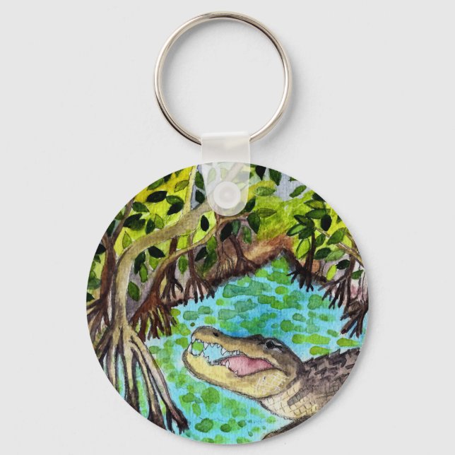 Everglades Watercolor Crokodile Alligator Florida Nyckelring (Framsida)
