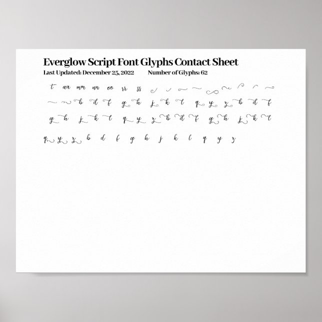 Everglow Script-teckensnitt Glyfer Kontaktdokument Poster (Framsidan)