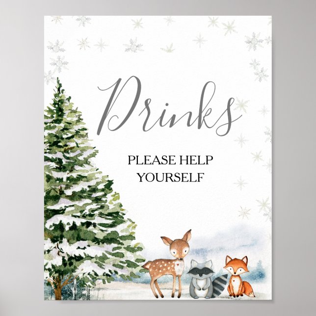 Evergreen Animal Winter Onederland Drinks Sign Poster (Framsidan)