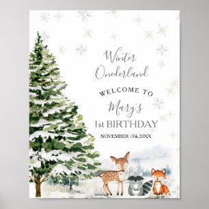 Evergreen Animal Winter Onederland Party Välkommen Poster