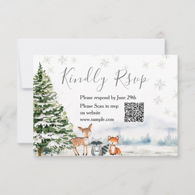 Evergreen Animal Winter Onederland RSVP Card Tack Kort (Framsida)