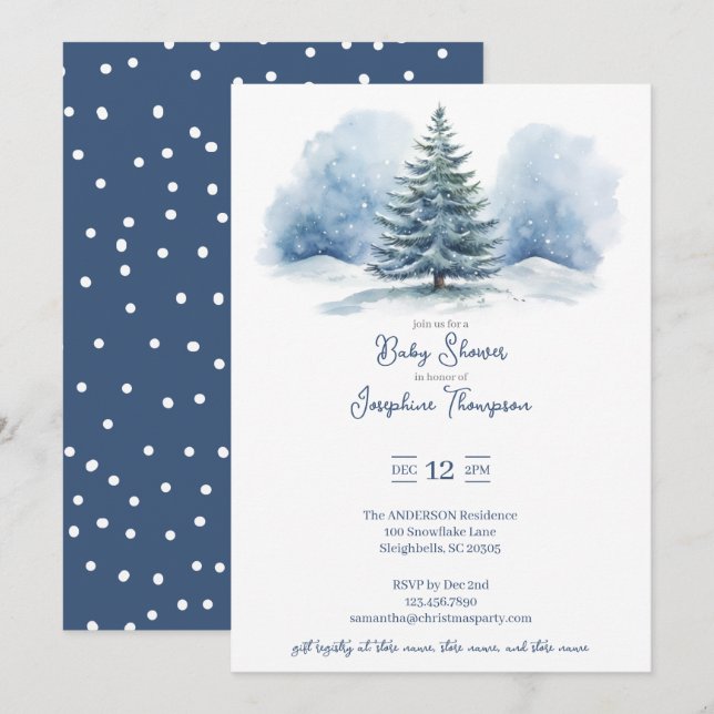 Evergreen Baby Shower med Snö täckt av vattenfärg Inbjudningar (Fram/baksida)