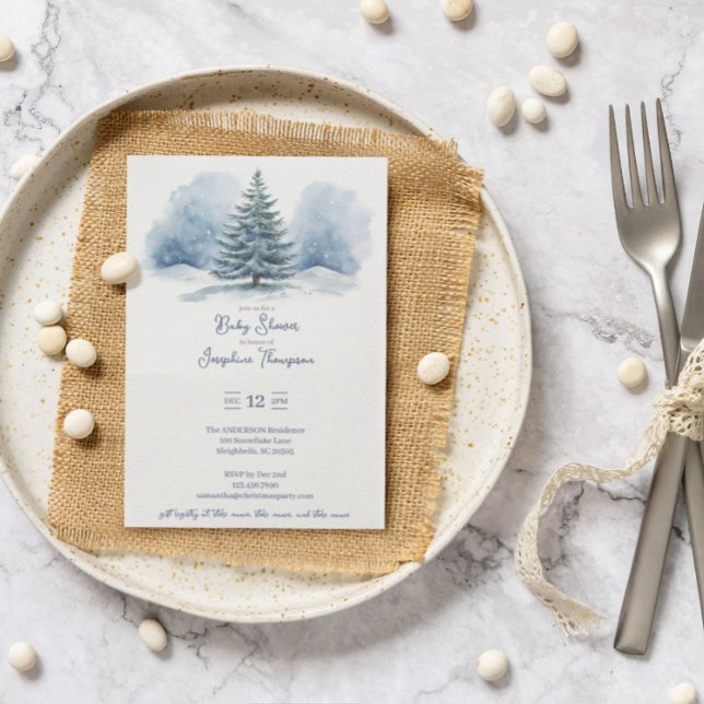 Evergreen Baby Shower med Snö täckt av vattenfärg Inbjudningar (Skapare uppladdad)