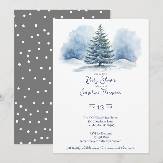 Evergreen Baby Shower med Snö täckt av vattenfärg Inbjudningar (Fram/baksida)