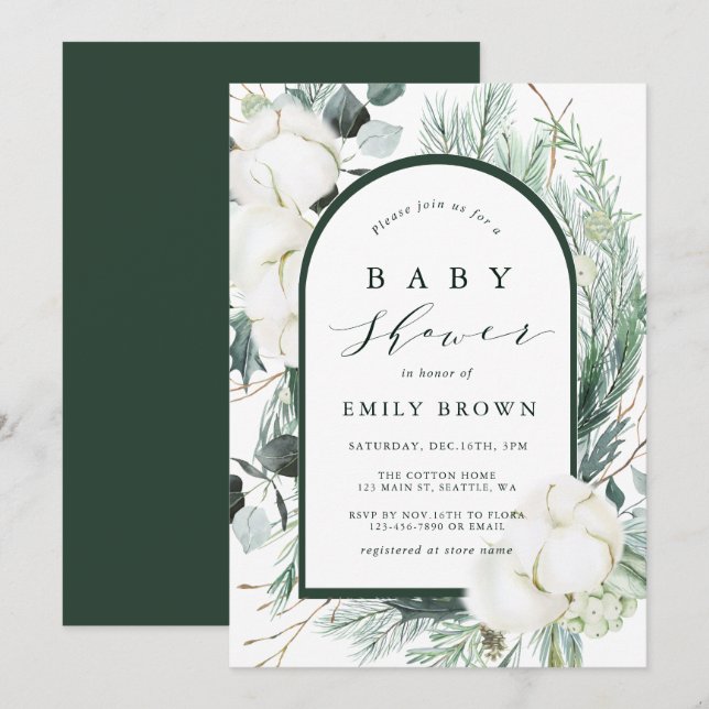 Evergreen & Cotton Flowers Arch Baby Shower Inbjudningar (Fram/baksida)