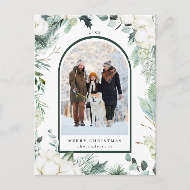 Evergreen & Cotton Flowers Arch Photo Helgdag Vykort (Framsida)