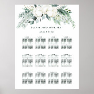 Evergreen & Cotton Flowers Bröllop Sittdiagram Poster