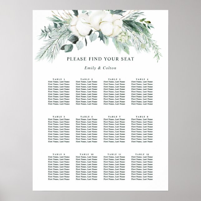 Evergreen & Cotton Flowers Bröllop Sittdiagram Poster (Framsidan)