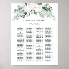 Evergreen & Cotton Flowers Bröllop Sittdiagram Poster