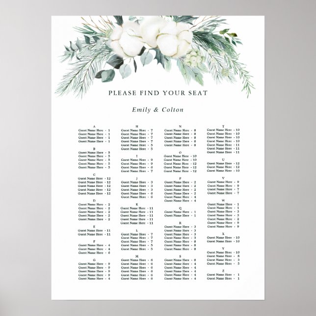 Evergreen & Cotton Flowers Bröllop Sittdiagram Poster (Framsidan)