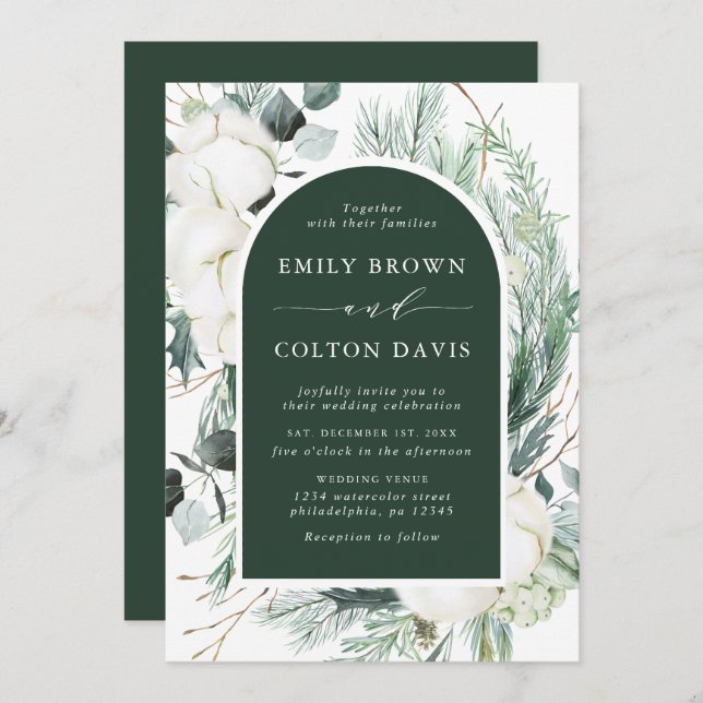 Evergreen & Cotton Flowers Elegant bröllop Grönt Inbjudningar (Fram/baksida)