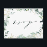 Evergreen & Cotton Flowers Elegant bröllop OSA Vykort<br><div class="desc">Det här bröllopet OSA har handmålad vintergrej,  bomullsblommor med gyllene och vattenfärgade struktur. Om du vill ha en mer avancerad anpassning av den här designen klickar du på länken "anpassa ytterligare". Matchande objekt är också tillgängliga.</div>