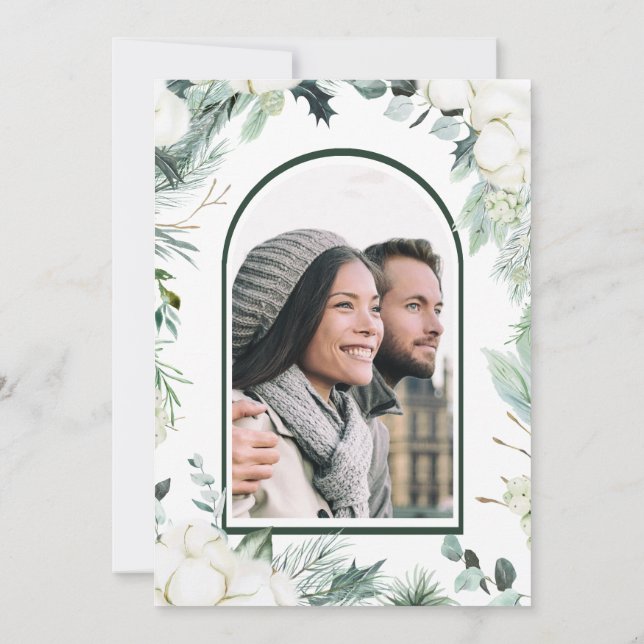 Evergreen & Cotton Flowers Elegant bröllop Photo Inbjudningar (Baksida)