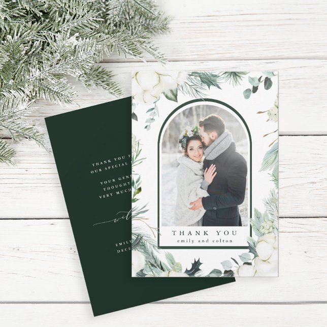 Evergreen & Cotton Flowers Elegant bröllop Photo Tack Kort (Skapare uppladdad)