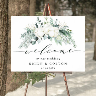 Evergreen & Cotton Flowers Elegant bröllop Välkomm Poster