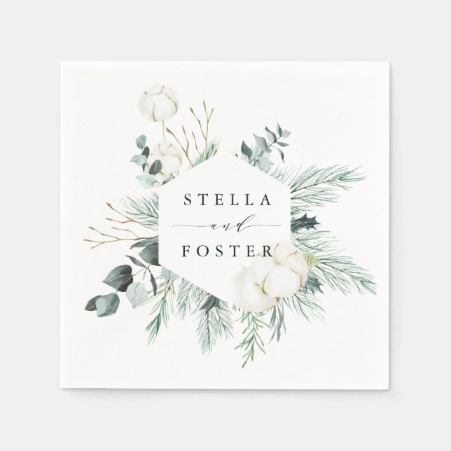 Evergreen & Cotton Flowers Elegant Hexagon Bröllop Pappersservett (Framsidan)