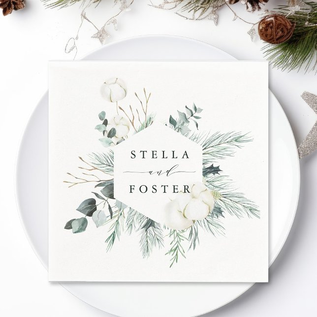 Evergreen & Cotton Flowers Elegant Hexagon Bröllop Pappersservett (Skapare uppladdad)