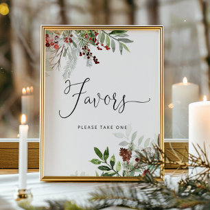 Evergreen favors-tecken. Vinterbabyduschfavörer Poster
